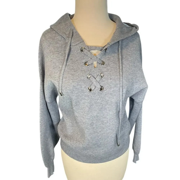 Philosophy Gray Sweater Knit Hoodie Balloon Sleeve Lace Up Neckline Size Small - Picture 7 of 12